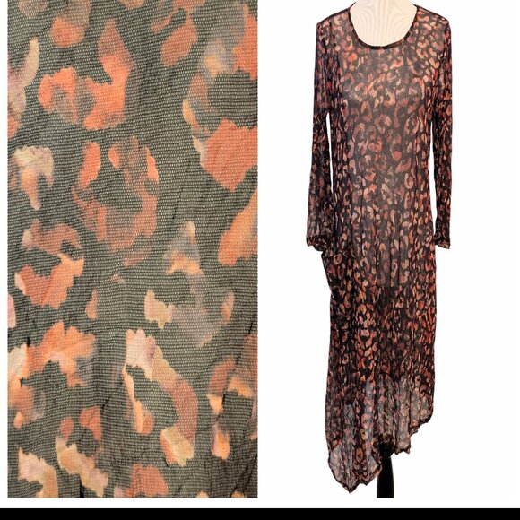 Lisa Bayne Sz M Animal Print Semi Sheer Crinkle Mesh Asymmetric Lagenlook Dress - Picture 1 of 12